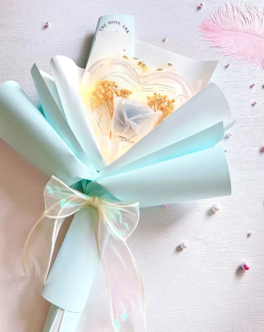 Preserved Blue Flower Bouquet with Heart and Fairy Lights The Rose Ark