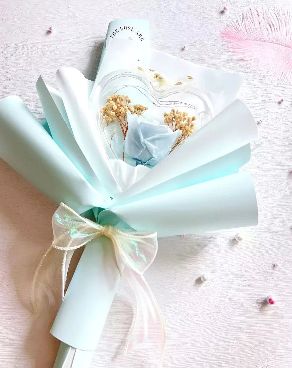 Preserved Blue Flower Bouquet with Heart and Fairy Lights The Rose Ark
