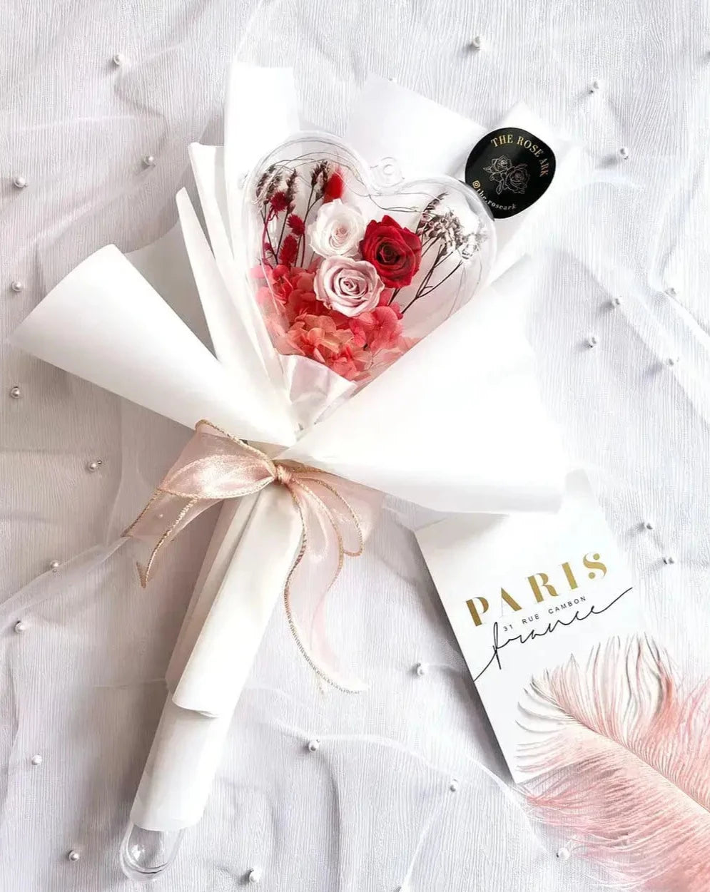 Preserved Red and Pink Rose Bouquet with Heart and Fairy Lights The Rose Ark