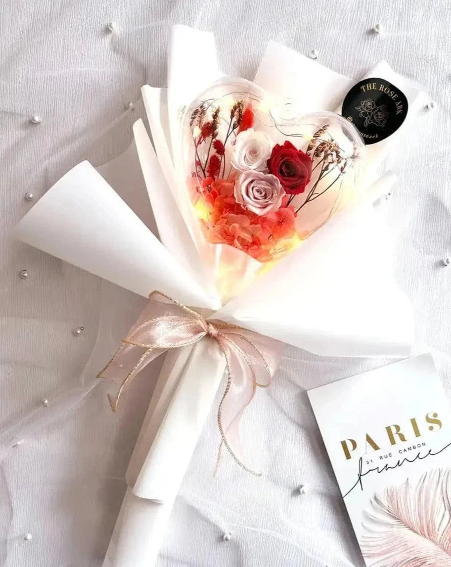 Preserved Red and Pink Rose Bouquet with Heart and Fairy Lights The Rose Ark