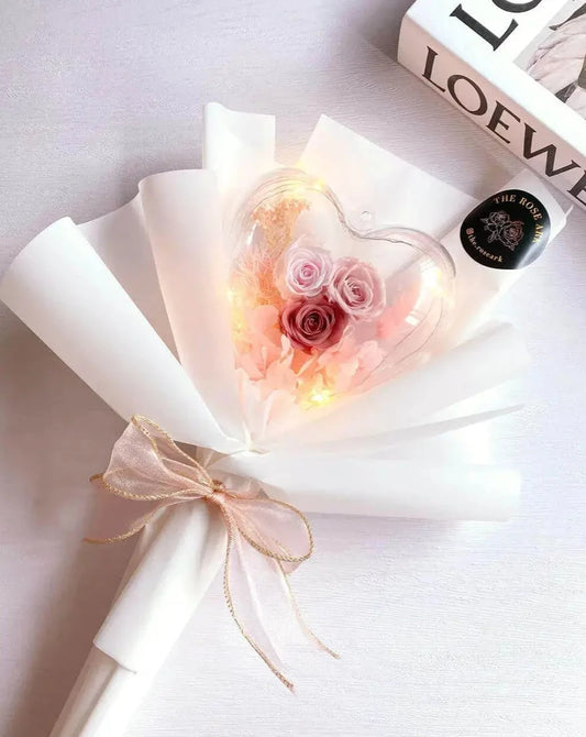 Preserved Pink Roses Bouquet with Heart and Fairy Lights The Rose Ark