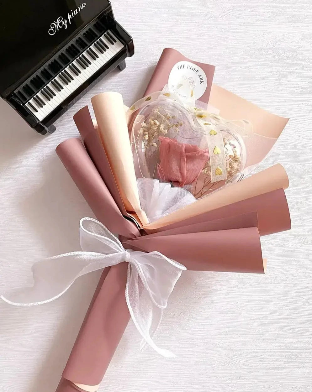 Preserved Cappuccino Rose Bouquet with Heart and Fairy Lights The Rose Ark
