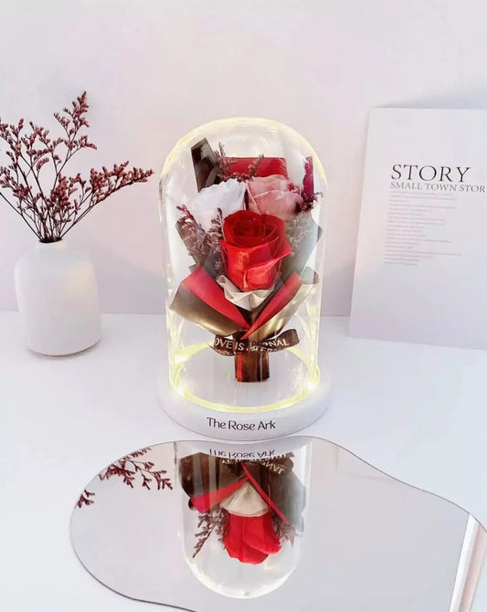 Red Preserved Rose Mini Bouquet in Glass Dome with Fairy Lights - The Rose Ark