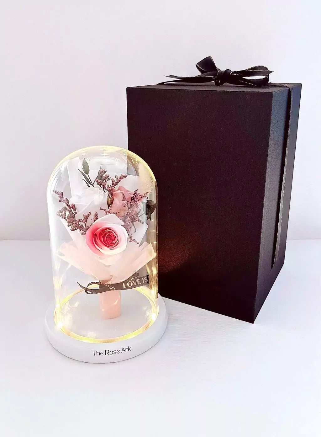 Preserved Mini Flower Bouquet in Glass Dome with Black Box - The Rose Ark