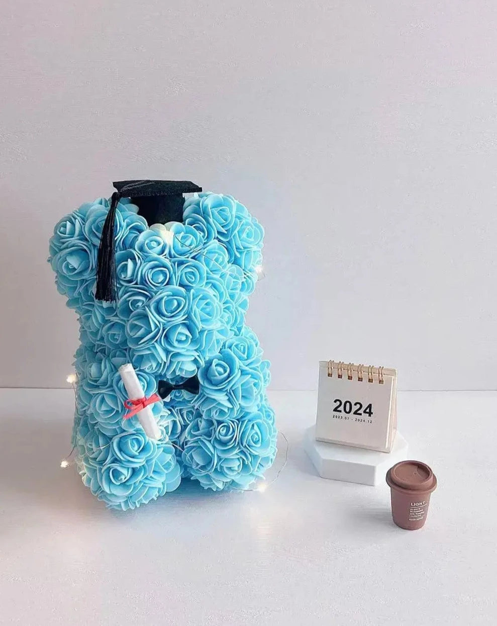 25cm Blue Graduation Rose Bear with Fairy Lights The Rose Ark