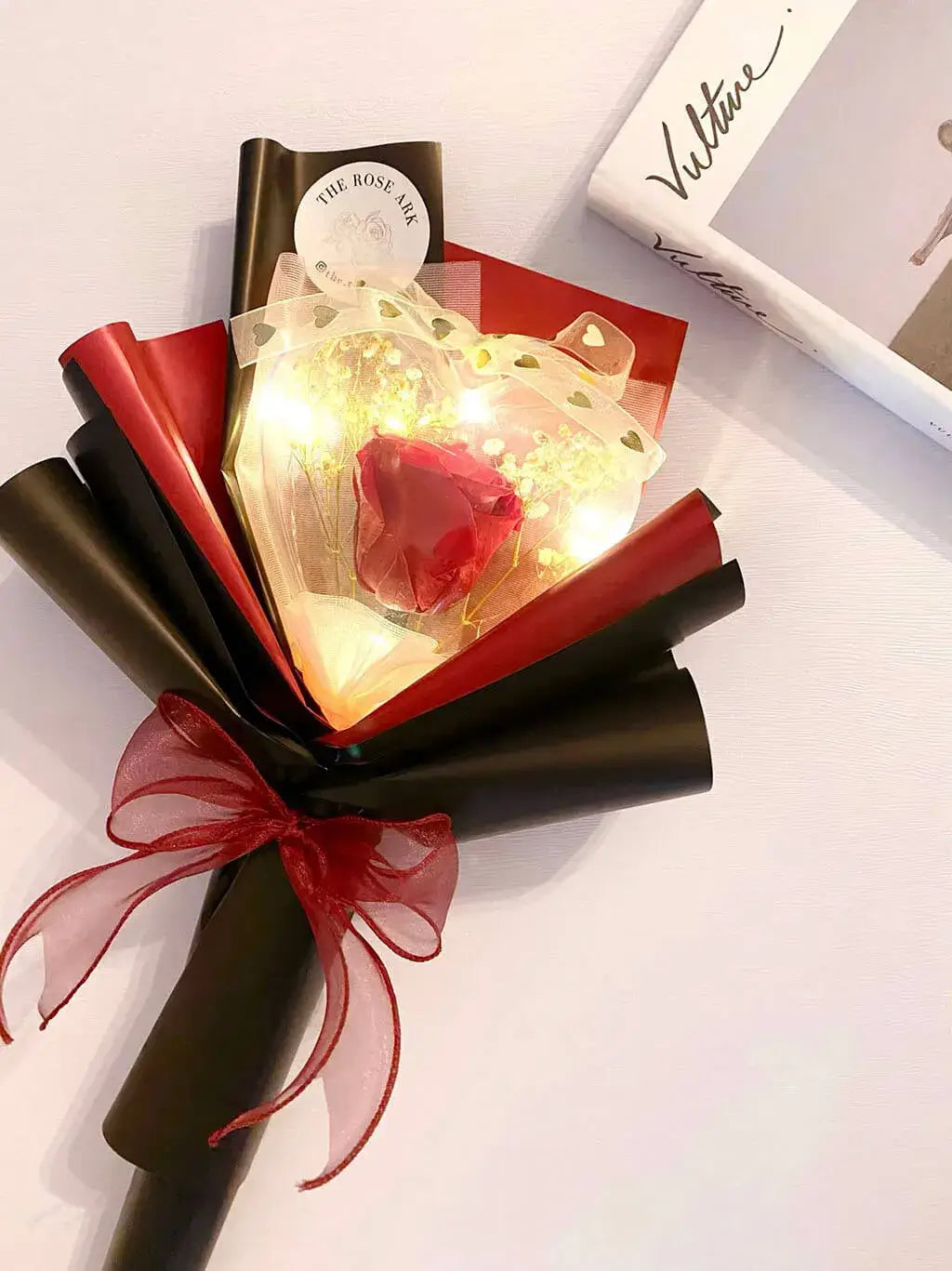 Preserved Red Rose Bouquet with Heart and Fairy Lights The Rose Ark