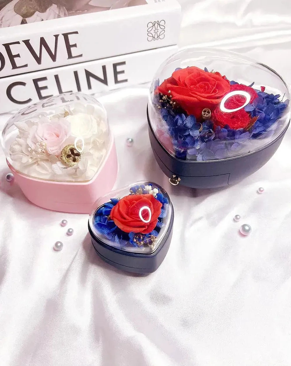 Pink and Blue Jewellery Box with Preserved Flowers The Rose Ark