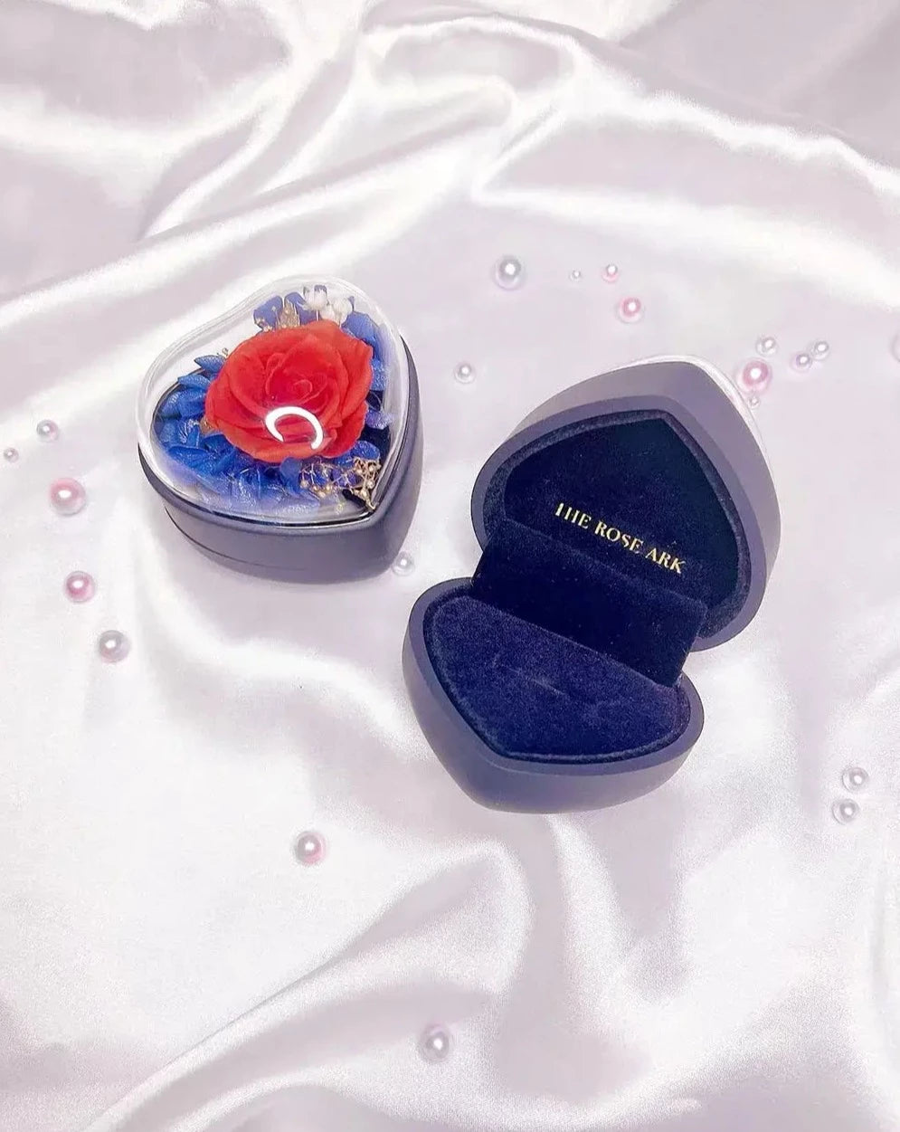 Blue Proposal Ring Box with Preserved Rose The Rose Ark