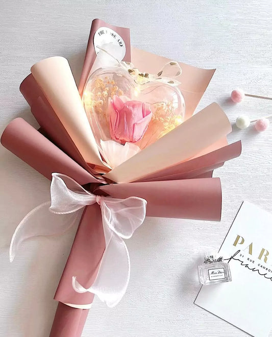 Preserved Pink Rose Bouquet with Heart and Fairy Lights The Rose Ark