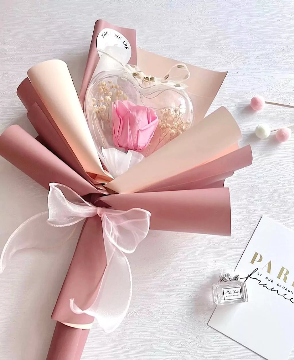 Preserved Pink Rose Bouquet with Heart and Baby Breath The Rose Ark