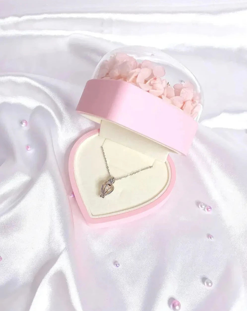 Pink Preserved Flowers Jewellery Box with Silver Pearl Necklace The Rose Ark