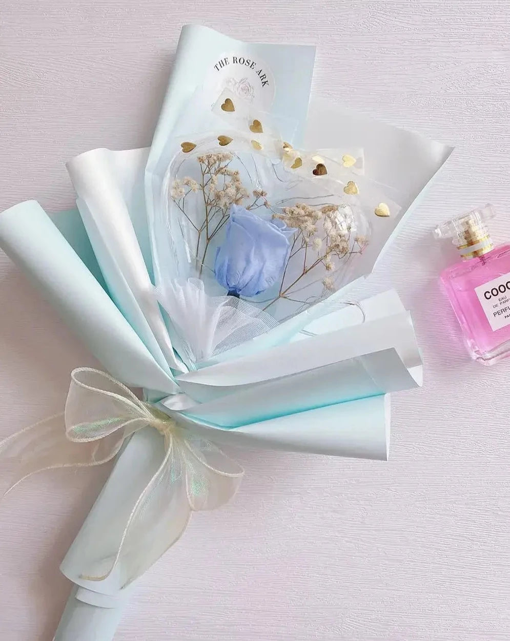 Preserved Blue Rose Bouquet with Heart and Fairy Lights The Rose Ark