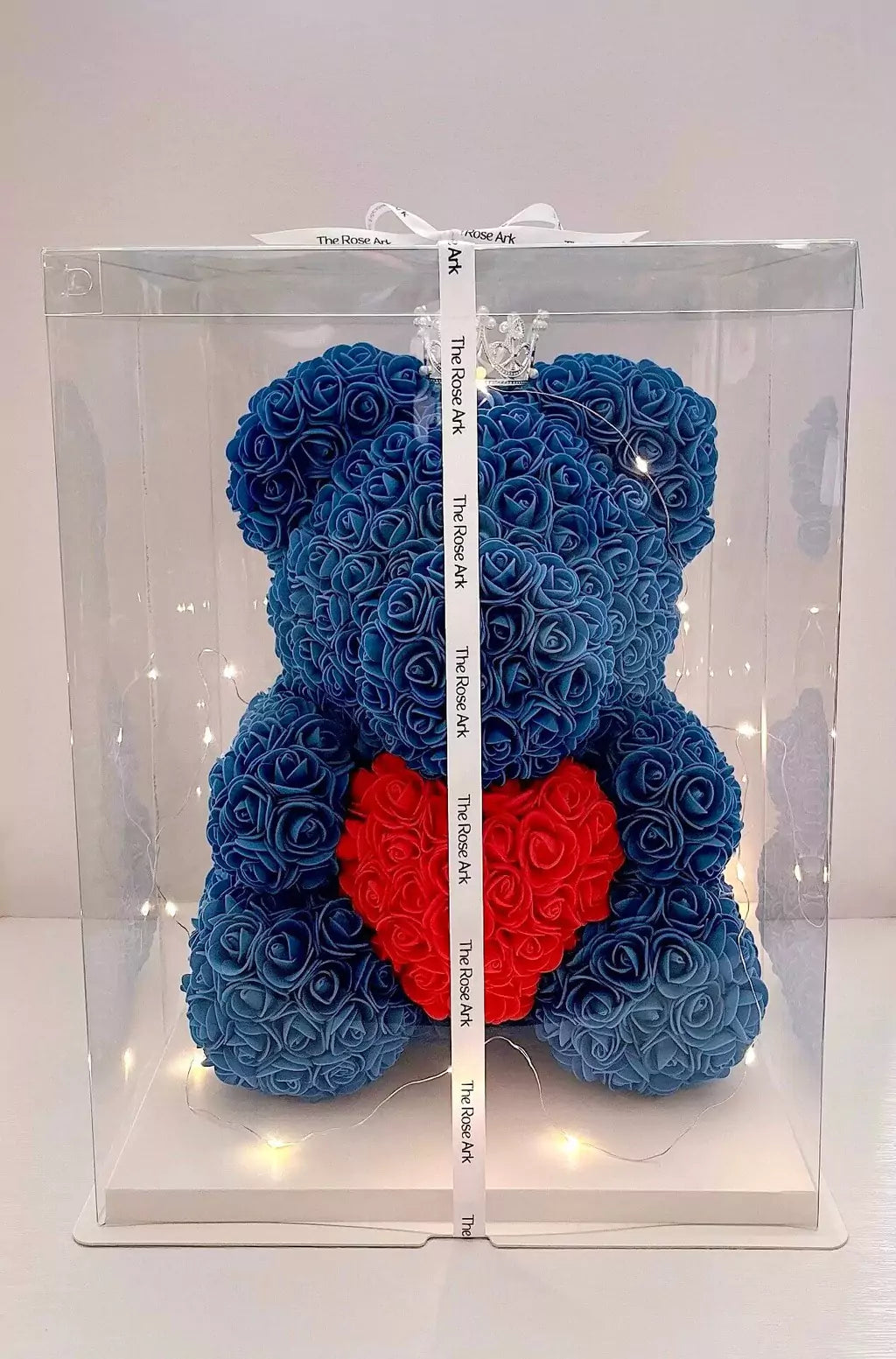 35cm Blue Rose Bear with Red Heart and Fairy Lights in Box The Rose Ark