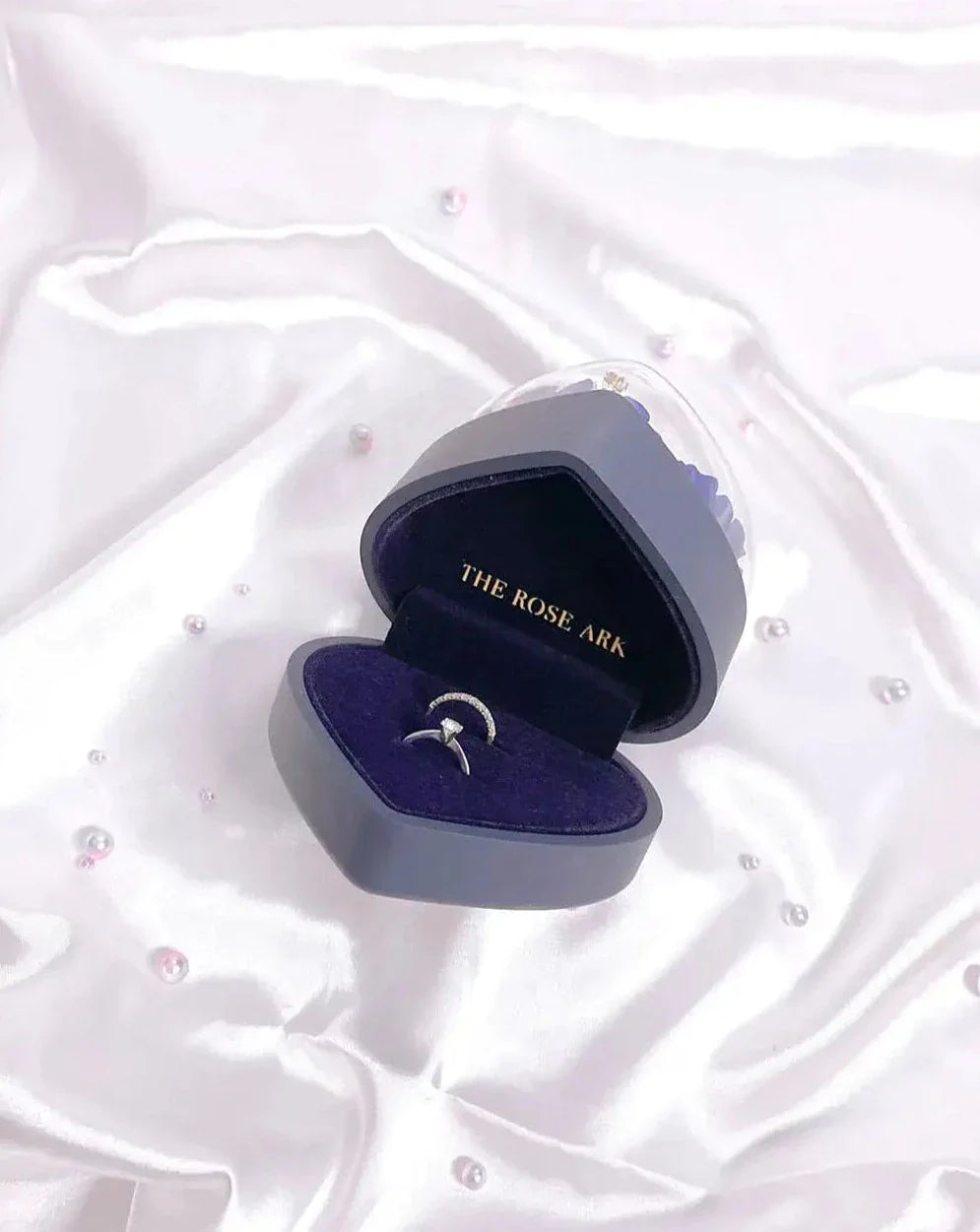 Blue Jewellery Box with Preserved Flowers and Rings The Rose Ark