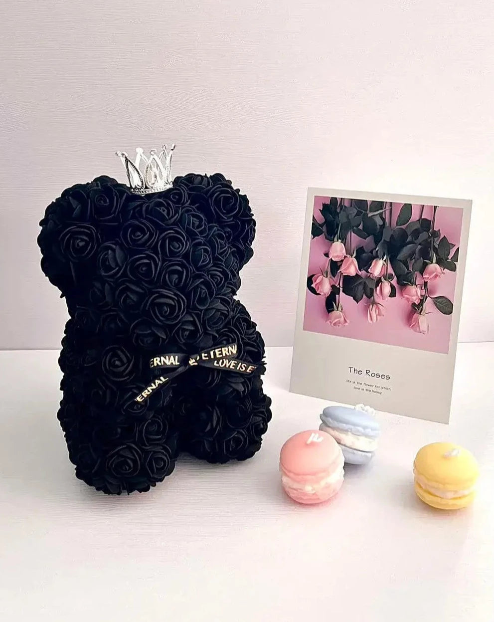 25cm Black Rose Bear with Crown The Rose Ark