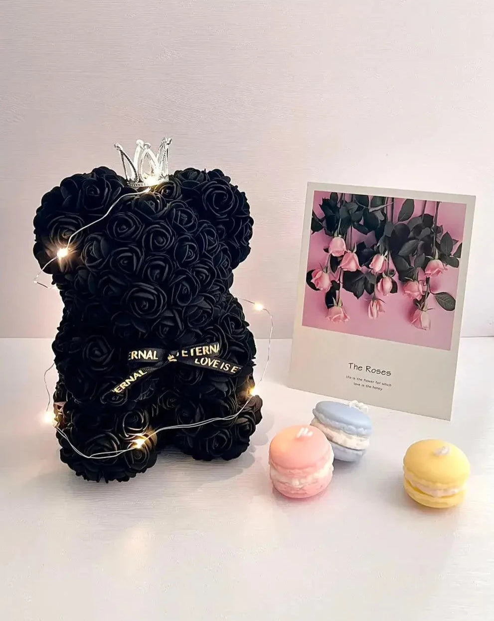 25cm Black Rose Bear with Fairy Lights The Rose Ark