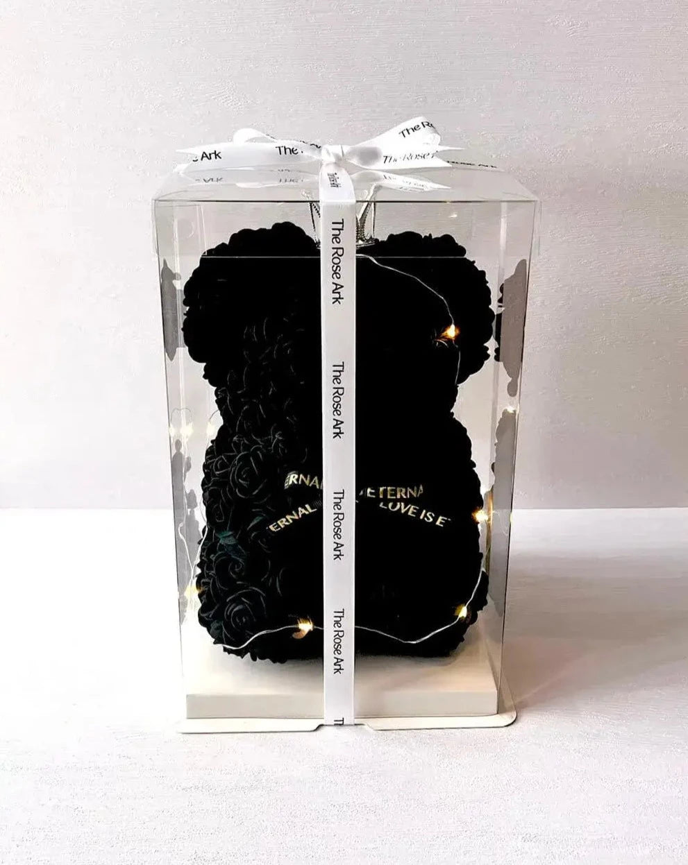 25cm Black Rose Bear with Fairy Lights in Box The Rose Ark