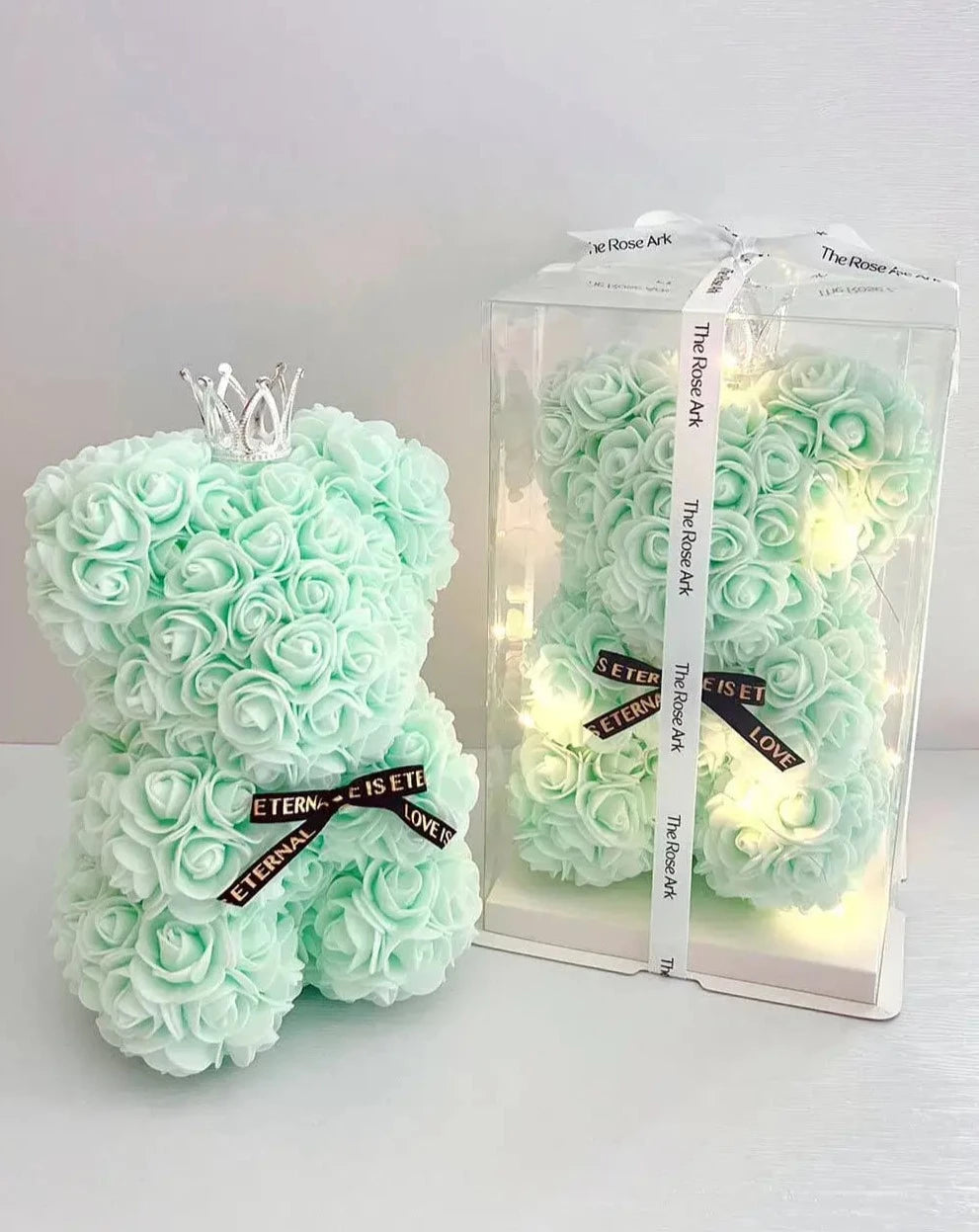 25cm Mint Green Rose Bear with Fairy Lights in Box The Rose Ark