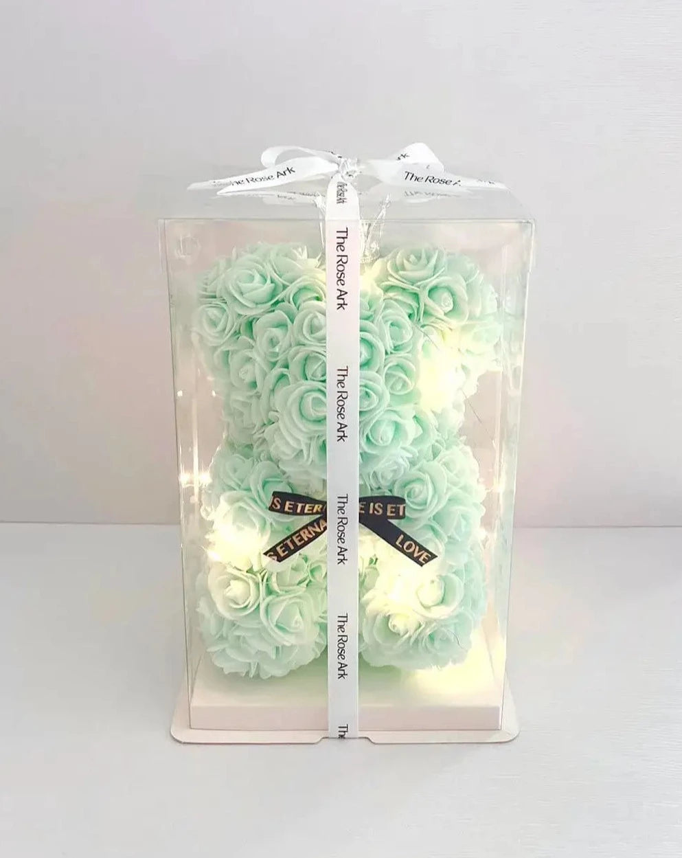 25cm Mint Green Rose Bear with Fairy Lights in Box The Rose Ark