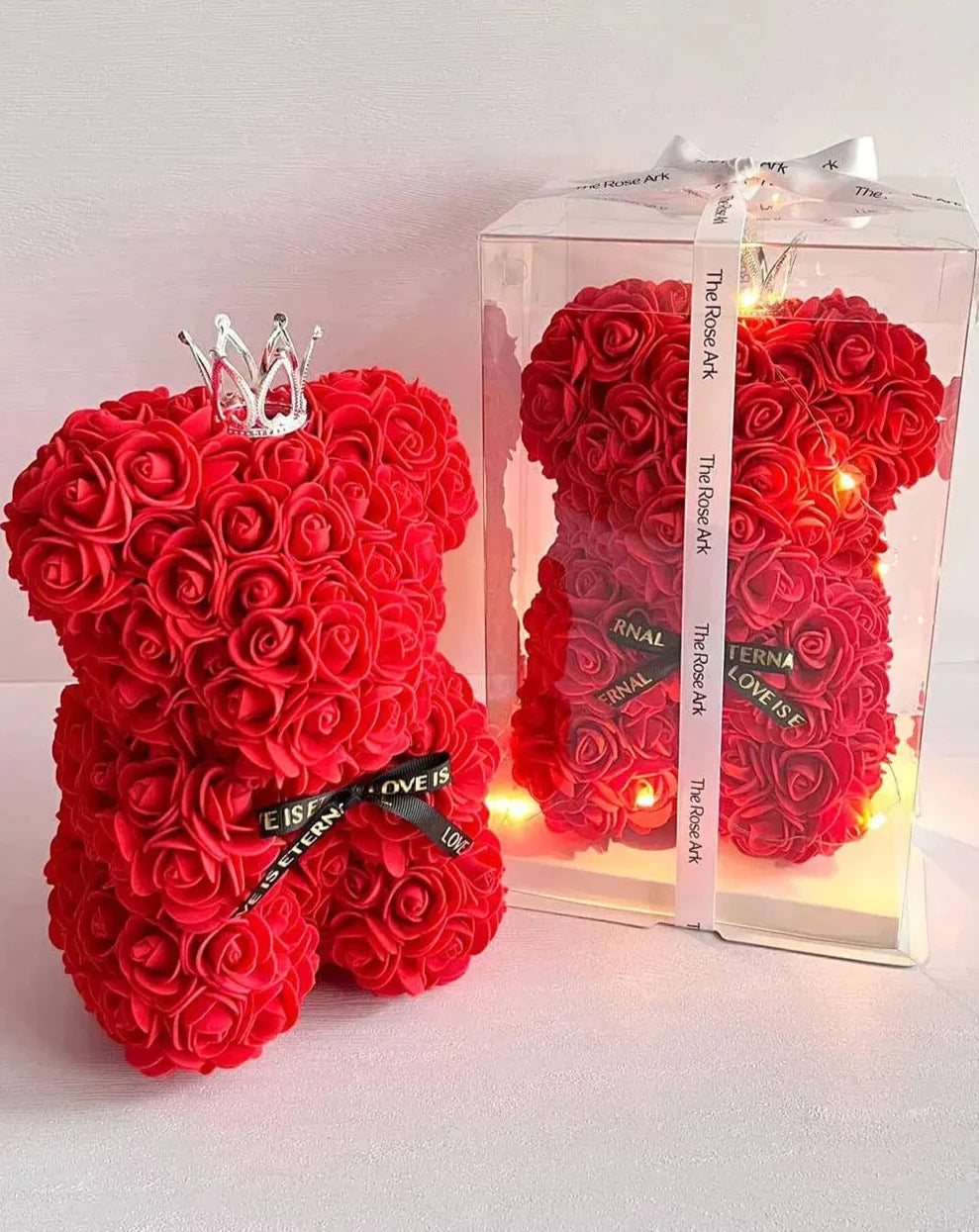 25cm Red Rose Bear with Fairy Lights in Box The Rose Ark