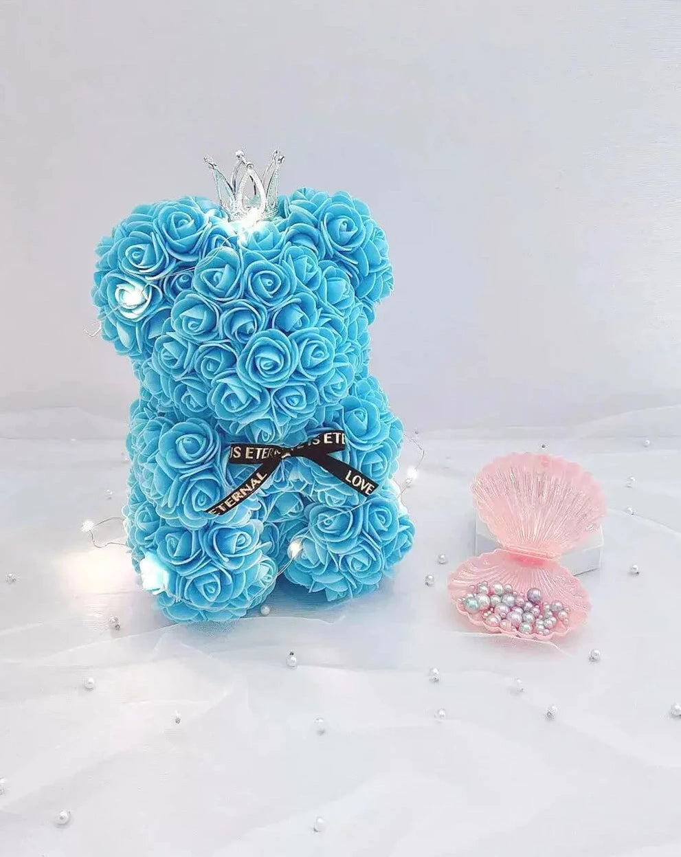 25cm Sky Blue Rose Bear with Fairy Lights The Rose Ark