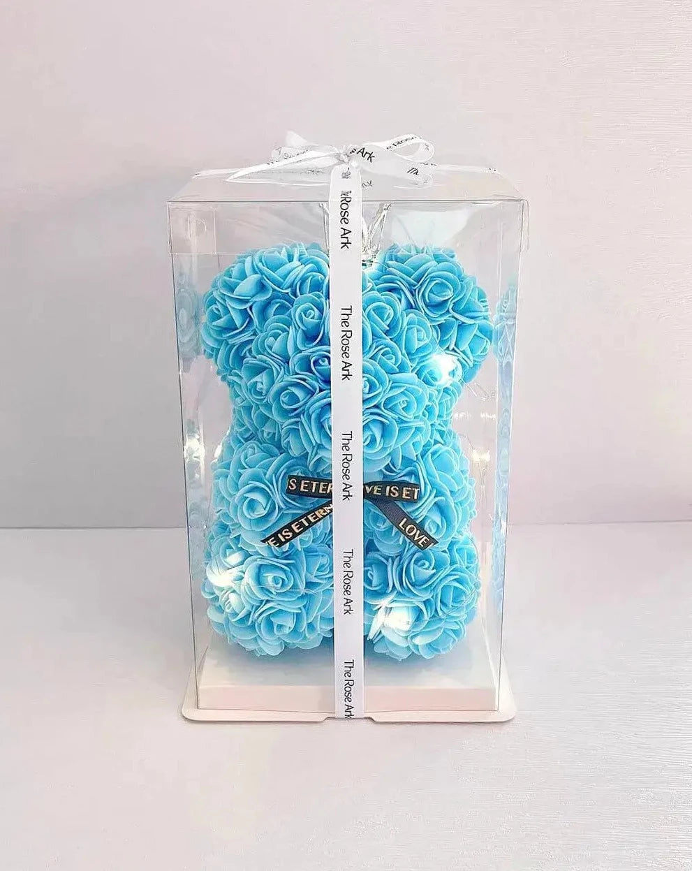 25cm Sky Blue Rose Bear with Fairy Lights in Box The Rose Ark