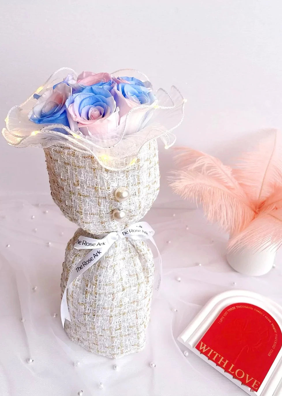 Tweed fabric bouquet with pink and blue roses - The Rose Ark