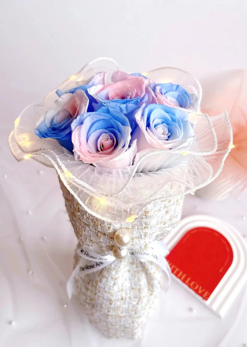 Tweed fabric bouquet with pink and blue roses - The Rose Ark