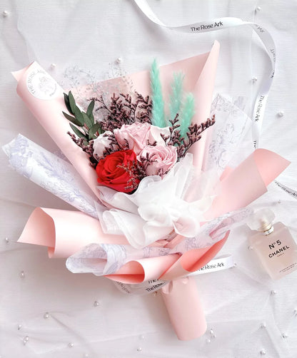 French style bouquet in red and pink preserved flowers