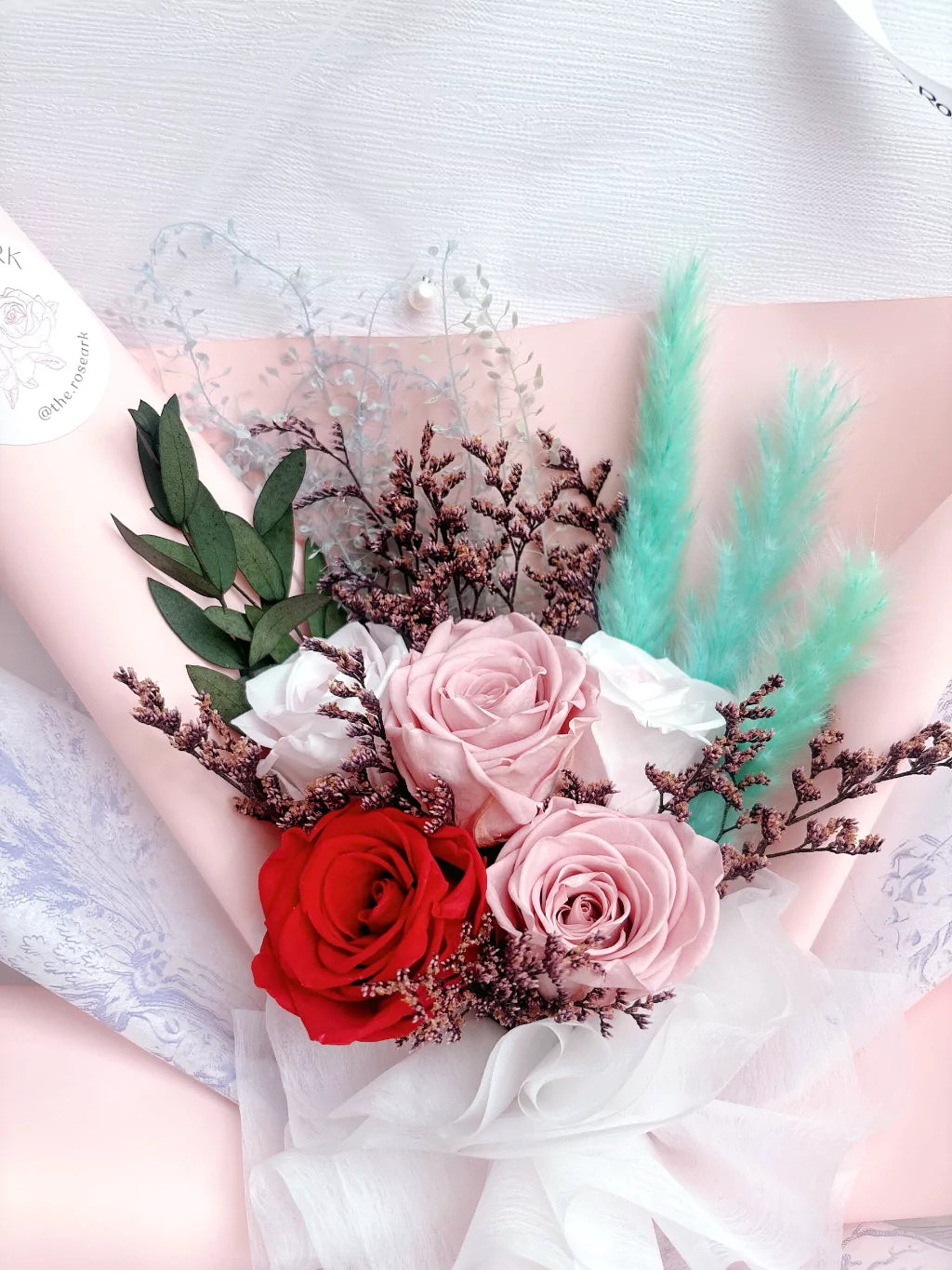 French style bouquet in red and pink preserved flowers