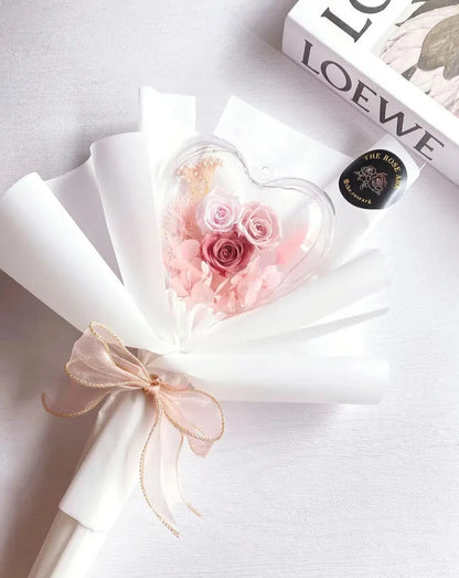 Preserved Pink Roses Bouquet with Heart and Fairy Lights The Rose Ark