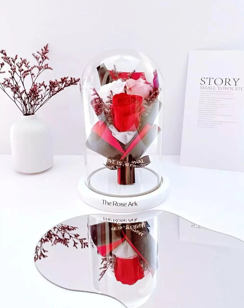 Red Preserved Rose Mini Bouquet in Glass Dome - The Rose Ark