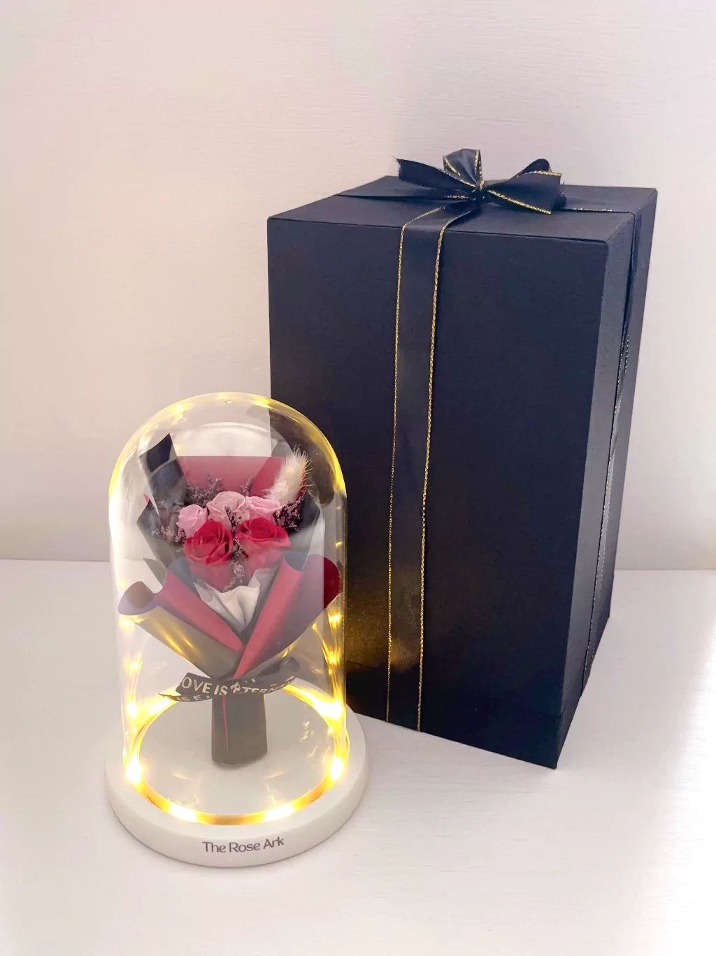 Red Preserved Rose Mini Bouquet in Glass Dome with Black Gift Box - The Rose Ark