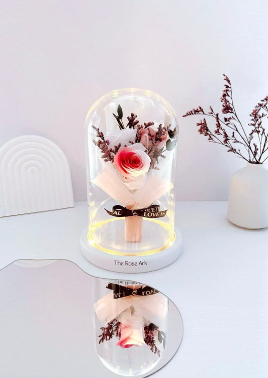 Preserved Mini Flower Bouquet in Glass Dome with Fairy Lights - The Rose Ark