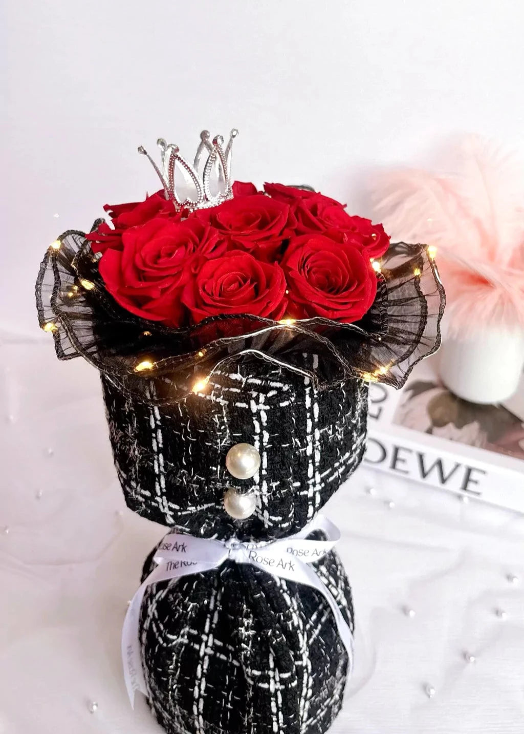 Preserved Red Rose Bouquet in Black Tweed Fabric The Rose Ark