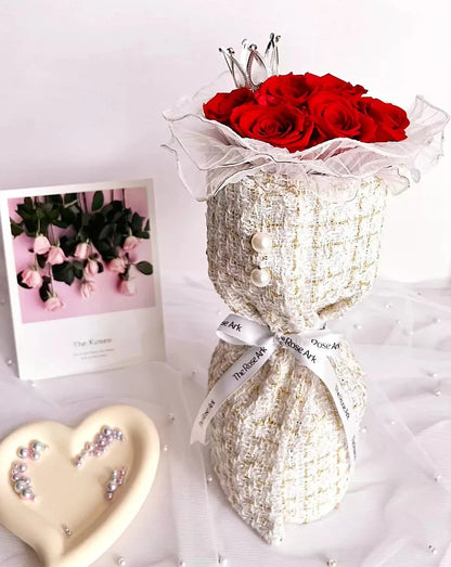 Preserved Red Rose Bouquet in White Tweed Fabric The Rose Ark