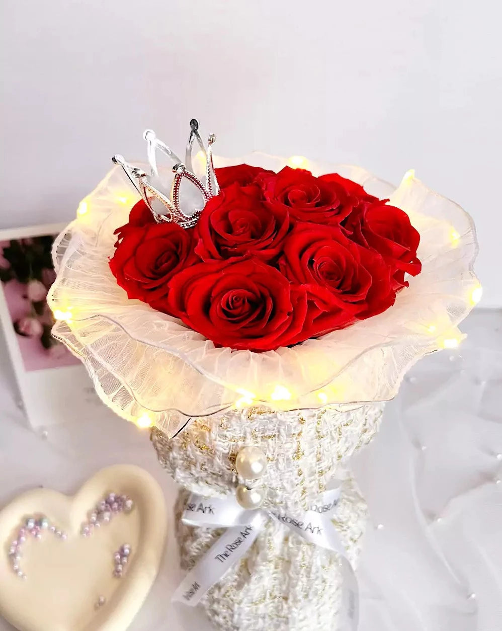 11 Stalks Preserved Red Rose Bouquet in White Tweed Fabric The Rose Ark