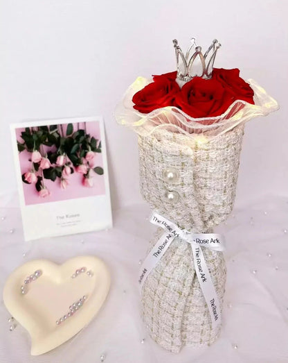 5 Stalks Preserved Red Rose Bouquet in White Tweed Fabric The Rose Ark