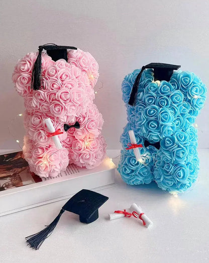 25cm Pink and Blue Graduation Rose Bear with Fairy Lights The Rose Ark