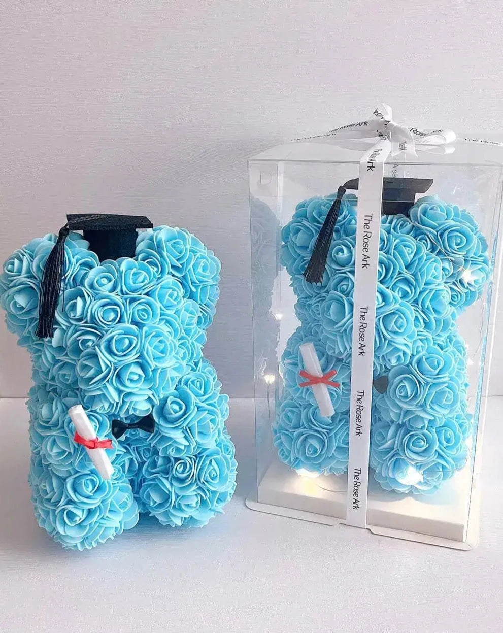 25cm Blue Graduation Rose Bear with Fairy Lights in Box The Rose Ark