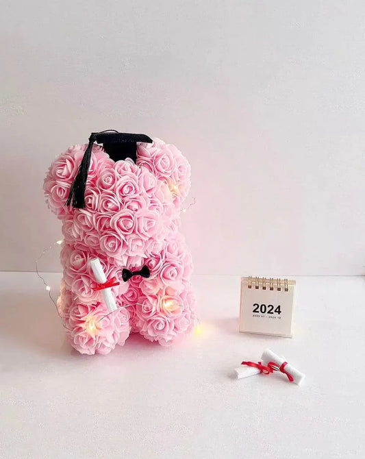 25cm Pink Graduation Rose Bear with Fairy Lights The Rose Ark