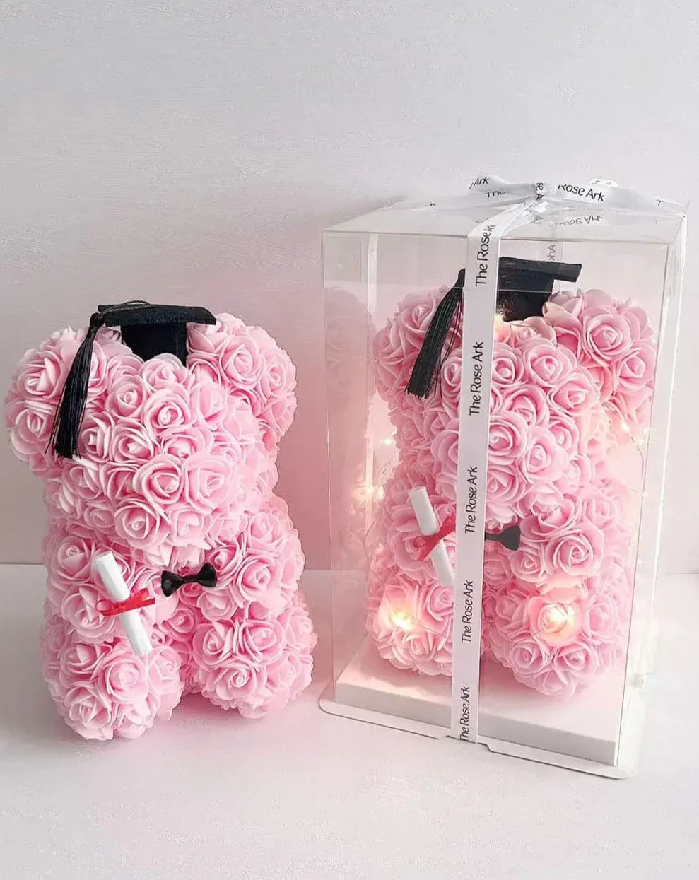 25cm Pink Graduation Rose Bear with Fairy Lights in Box The Rose Ark