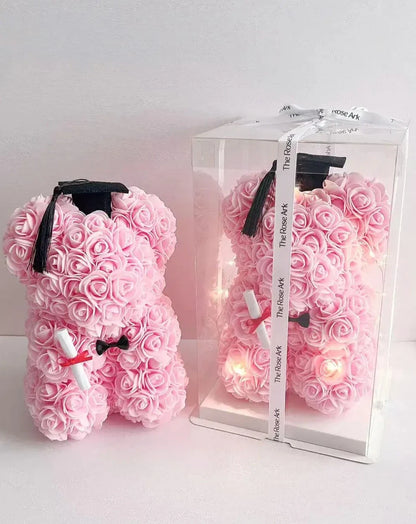 25cm Pink Graduation Rose Bear with Fairy Lights in Box The Rose Ark