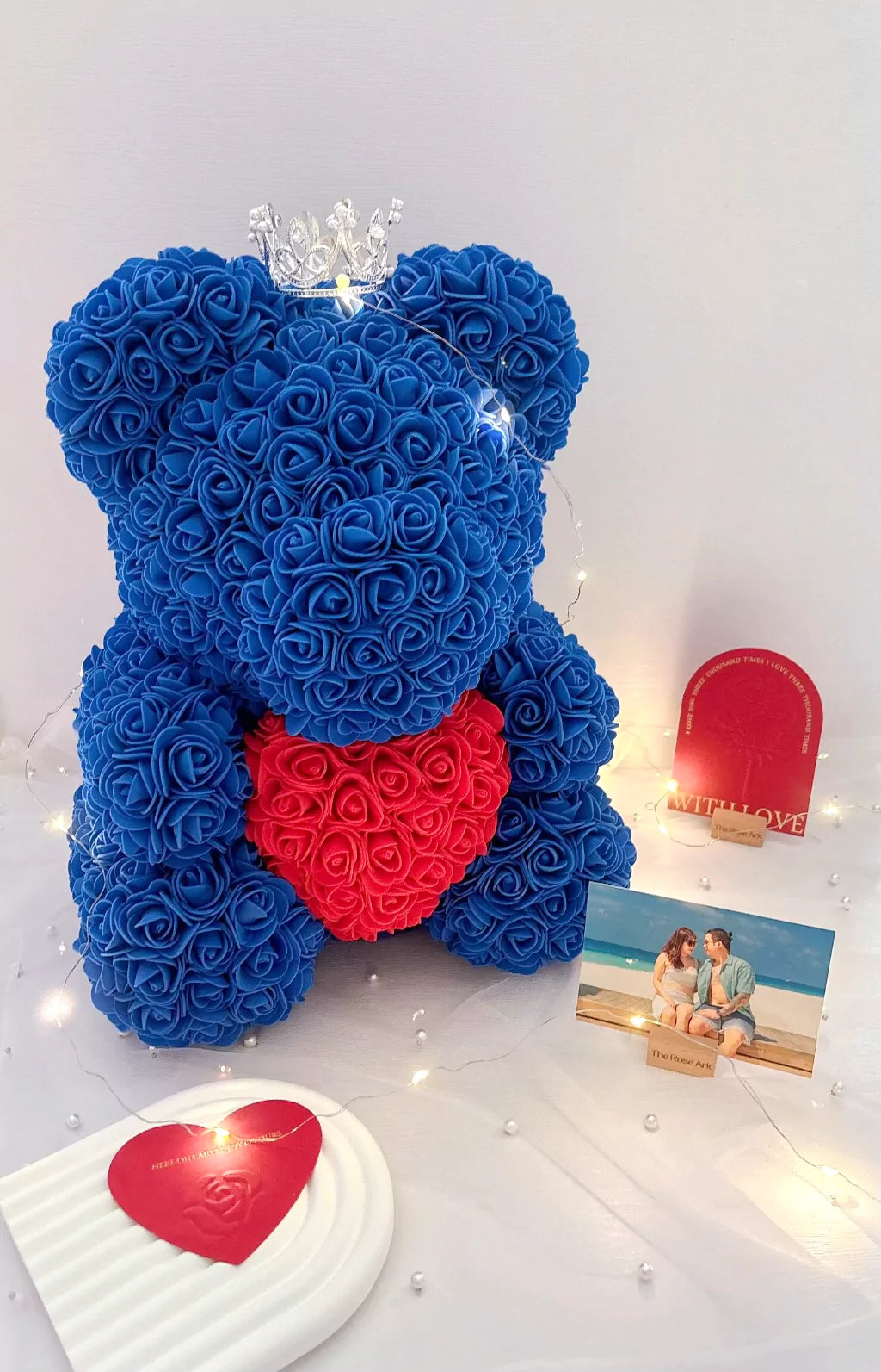 Blue rose bear with personalised photo gift set