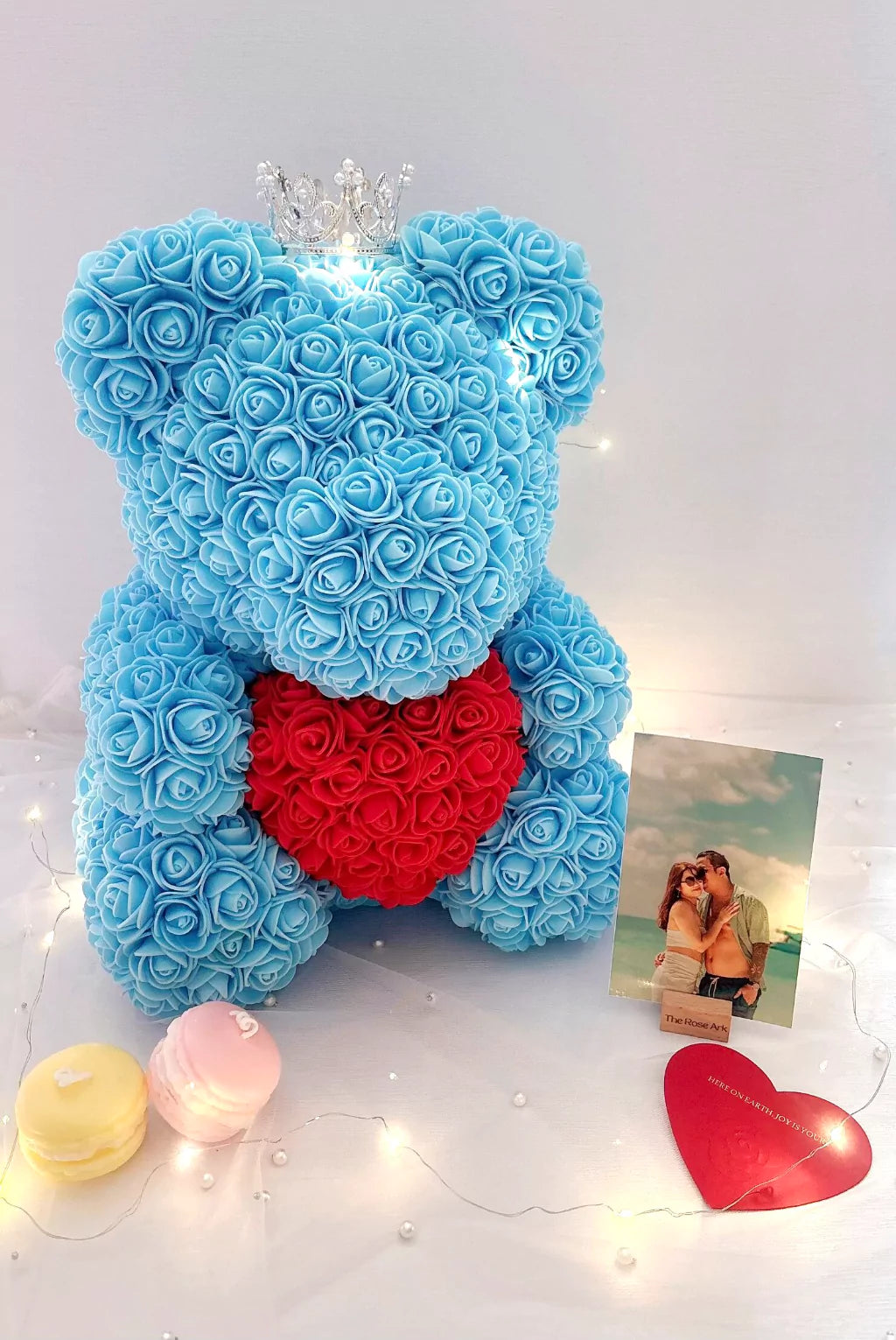 Sky blue rose bear with personalised photo gift set