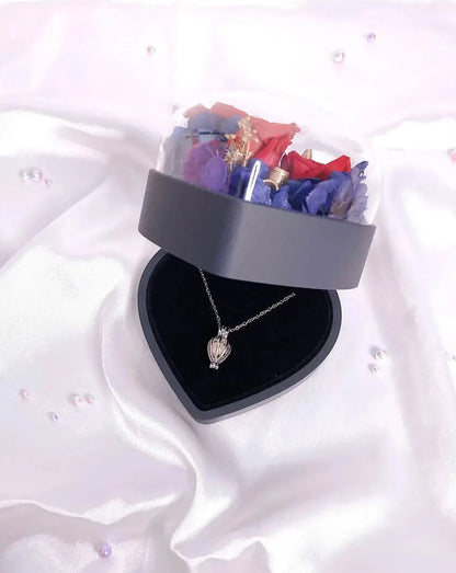 Blue Preserved Flowers Jewellery Box with Silver Pearl Necklace The Rose Ark