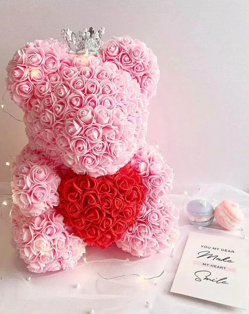 35cm Pink Rose Bear with Red Heart and Fairy Lights The Rose Ark