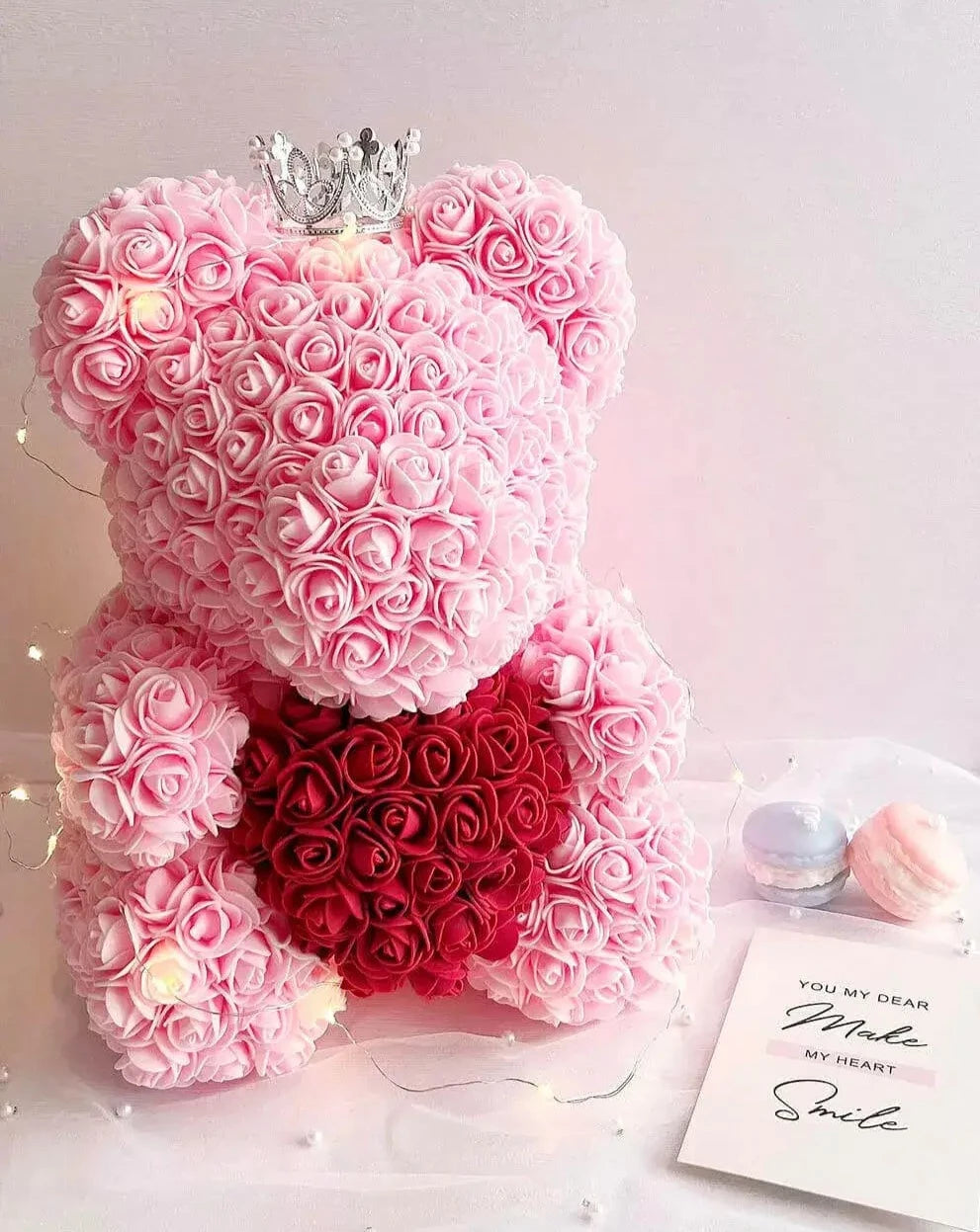 35cm Pink Rose Bear with Wine Red Heart and Fairy Lights The Rose Ark
