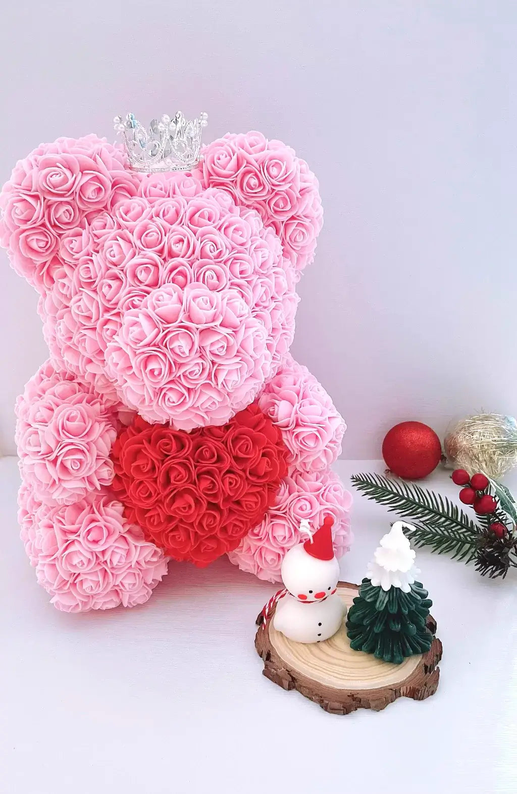 35cm Pink Rose Bear with Snowman and Christmas Tree Candle Christmas Gift Set The Rose Ark