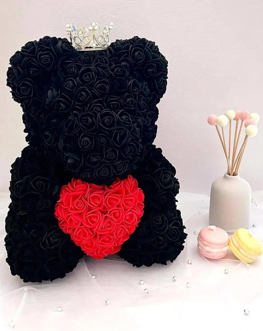35cm Black Rose Bear with Red Heart and Crown The Rose Ark